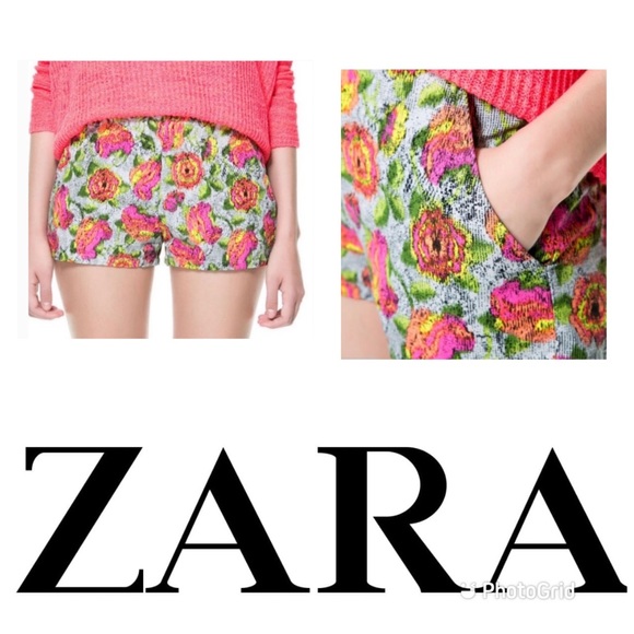 Zara Trafaluc Neon Floral Rose Shorts Size XS - Picture 1 of 4